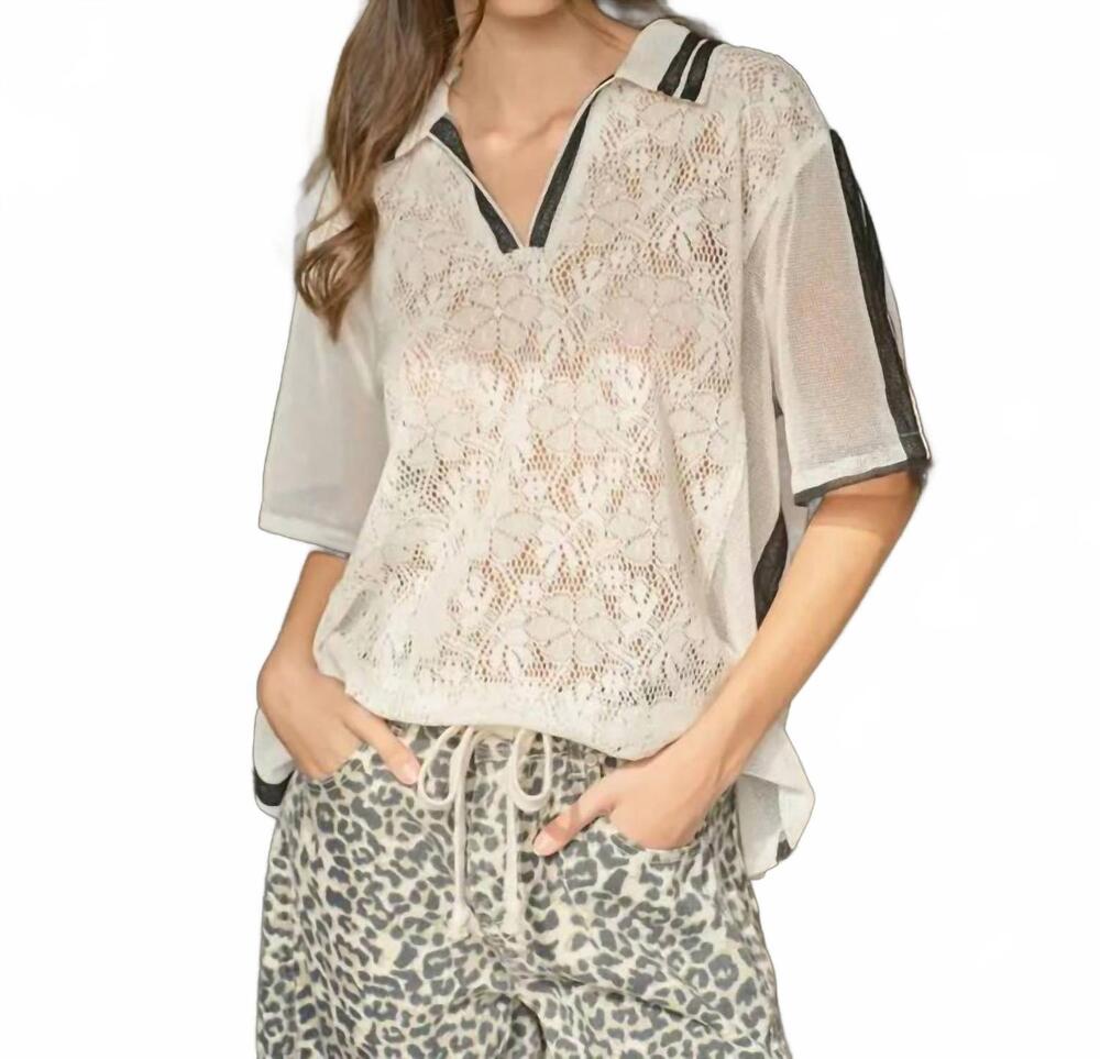 NEW AARON & AMBER sporty oversized lace polo tee in ivory/black
